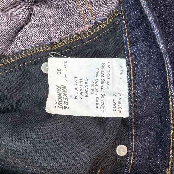 Naked and Famous Jeans Mens 30 Indigo Selvedge denim Super Skinny Guy button fly - Picture 5 of 8
